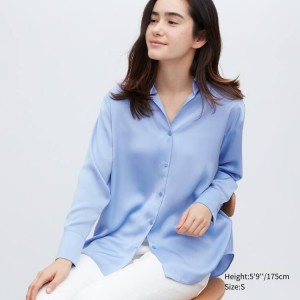 Blusa Uniqlo Satin Long Sleeved Mujer Azules | 9312XJMSL