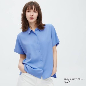 Blusa Uniqlo Viscose Corta Sleeved Mujer Azules | 7863BQXJF