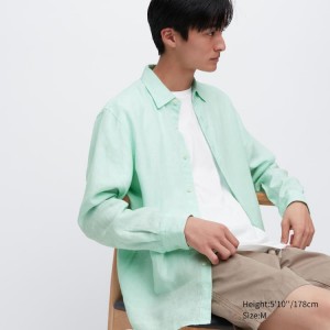 Camisas Uniqlo 100% Premium Linen Regular Fit (Regular Collar) Hombre Verde Claro | 8217VBLPR