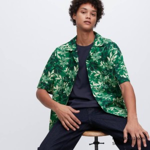 Camisas Uniqlo Algodon Blend Casuales Printed Corta Sleeved (Open Collar) Hombre Verde | 7950IDSPZ