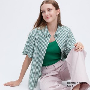 Camisas Uniqlo Algodon Checked Corta Sleeved Mujer Verde | 2130NMBLS