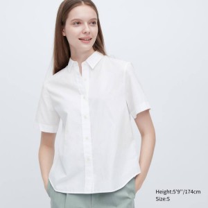 Camisas Uniqlo Algodon Corta Sleeved Mujer Blancas | 8130FCLUY