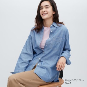 Camisas Uniqlo Chambray Oversized Long Sleeved Mujer Azules | 9218WRCTQ