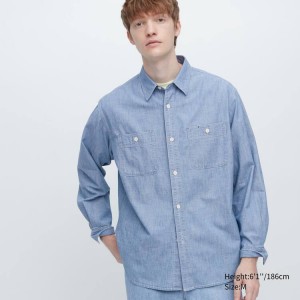 Camisas Uniqlo Chambray Regular Fit Trabajo (Regular Collar) Hombre Azules | 7643MXRQY