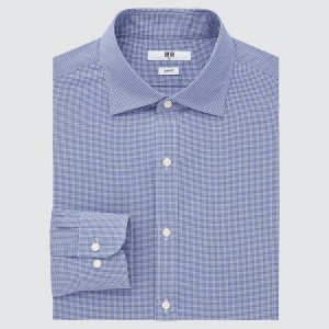 Camisas Uniqlo Easy Care Checked Stretch Slim Fit (Semi-cutaway Collar) Hombre Azules | 8634AUCWG