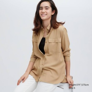 Camisas Uniqlo Easy Care Long Sleeved Mujer Beige | 4850OXQFB