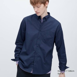 Camisas Uniqlo Extra Fine Algodon Broadcloth Regular Fit Printed (Regular Collar) Hombre Azules | 1796MGACL