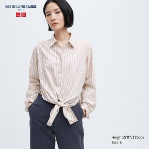 Camisas Uniqlo Ines De La Fressange Algodon Silk Blend Oversized Long Sleeved Mujer Beige | 5041IOYRM