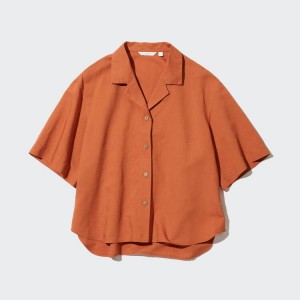 Camisas Uniqlo Linen Blend Open Collar Corta Sleeved Mujer Naranjas | 9042ZDHCT