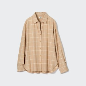 Camisas Uniqlo Soft Brushed Checked Long Sleeved Mujer Beige | 8246JGABR