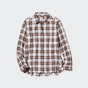 Camisas Uniqlo Soft Brushed Checked Long Sleeved Mujer Marrones | 0581DNXEJ