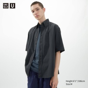 Camisas Uniqlo U Casuales Fit Corta Sleeved (Button-down Collar) Hombre Gris Oscuro | 6571BRWYZ