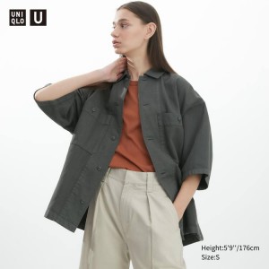 Camisas Uniqlo U Oversized Corta Sleeved Trabajo Mujer Gris Oscuro | 6032AZLUV