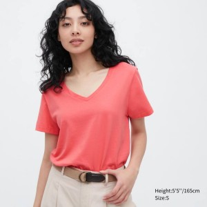 Camiseta Uniqlo 100% Supima Algodon V Neck Corta Sleeved Mujer Rosas | 6985ZYGVL