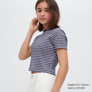 Camiseta Uniqlo Acanalado A Rayas Cropped Niños Azules | 0247MRXQD