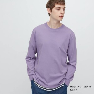 Camiseta Uniqlo Airism Algodon Crew Neck Long Sleeved Hombre Moradas | 7286KFGPC