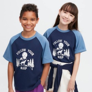 Camiseta Uniqlo Airism Algodon Estampadas Corta Sleeved Niños Azul Marino | 1945LPJTK