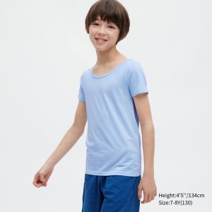 Camiseta Uniqlo Airism Algodon Scoop Neck Niños Azules Claro | 4380JYASP