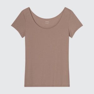 Camiseta Uniqlo Airism Scoop Neck Corta Sleeve Mujer Marrones | 2183AVDNM