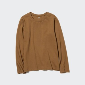 Camiseta Uniqlo Algodon Crew Neck Long Sleeve Mujer Marrones | 0756TOBHL