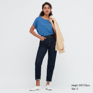 Camiseta Uniqlo Drape Barco Neck Mujer Azules | 9842XQVFP