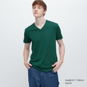 Camiseta Uniqlo Dry Colour V Neck Corta Sleeved Hombre Verde Oscuro | 1836NUCQR