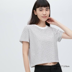 Camiseta Uniqlo Slub Jersey Cropped A Rayas Corta Sleeved Mujer Blancas Negras | 7086LATYF