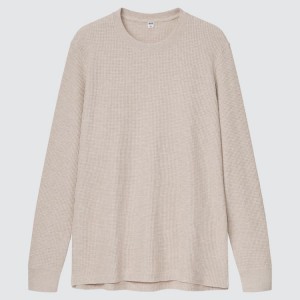 Camiseta Uniqlo Waffle Crew Neck Long Sleeved (2021 Season) Hombre Beige | 9140AWNZK