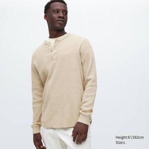 Camiseta Uniqlo Waffle Henley Neck Long Sleeved Hombre Beige | 3214WFBCN