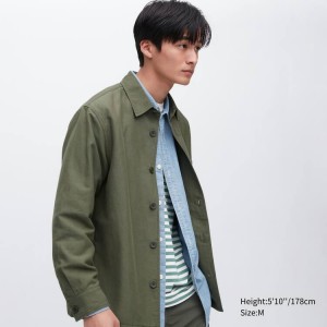 Chaquetas Uniqlo Algodon Linen Blend Overshirt Hombre Verde Oliva | 0742WFMDZ