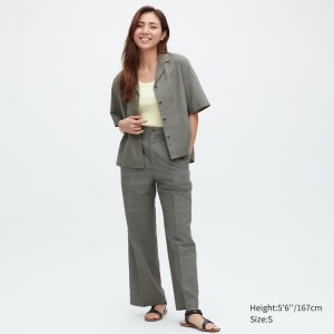 Pantalones Uniqlo Linen Blend Plisado Anchos Leg Mujer Verde Oliva | 0392DUAON