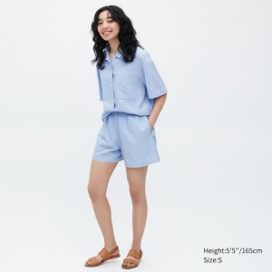 Ropa De Casa Uniqlo Linen Blend Corta Sleeved Set Mujer Azules | 6537FEDKL