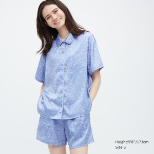 Ropa De Casa Uniqlo Satin Printed Pajamas (Corta Sleeve) Mujer Azules | 1372NIEVS