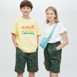 Short Uniqlo Stretch Printed Easy Niños Verde Oscuro | 0287UYLZX