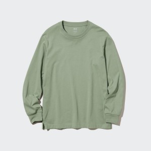 Tops Uniqlo Airism Algodon Crew Neck Long Sleeved Hombre Verde | 5781MQISC