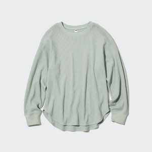 Tops Uniqlo Waffle Crew Neck Long Sleeved Mujer Verde | 9734TMGOV