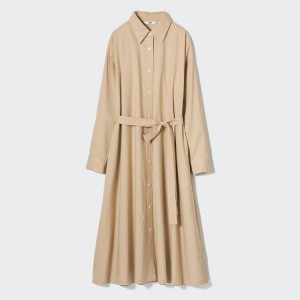 Vestido Uniqlo Algodon A-line Long Sleeved Mujer Beige | 1958DWRXB