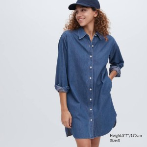 Vestido Uniqlo Denim Long Sleeved Mujer Azules | 6325QLIJZ