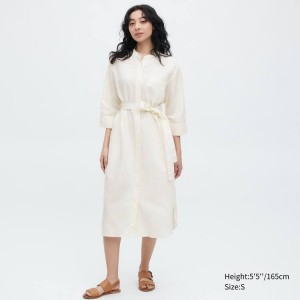 Vestido Uniqlo Linen Blend 3/4 Sleeved Mujer Blancas | 0824FOQRJ