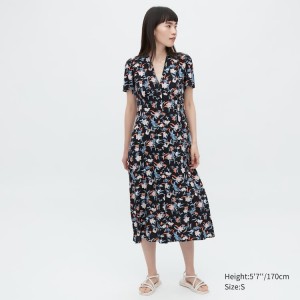 Vestido Uniqlo Printed V Neck Corta Sleeved Flared Mujer Negras | 4239WTEQH