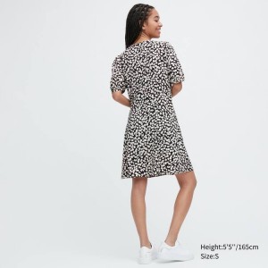 Vestido Uniqlo Printed V Neck Corta Sleeved Mini Mujer Blancas Negras | 7853GAYLO