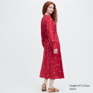 Vestido Uniqlo Printed V Neck Flared Long Sleeved Mujer Rojas | 9260WNJPY