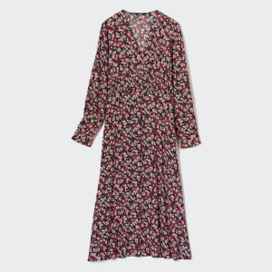 Vestido Uniqlo Printed V Neck Flared Long Sleeved Mujer Rosas | 9672FHECJ