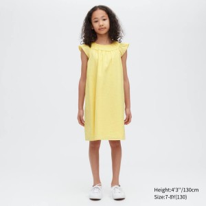 Vestido Uniqlo Seersucker Gathered Corta Sleeved Niños Amarillo | 7563LUJME