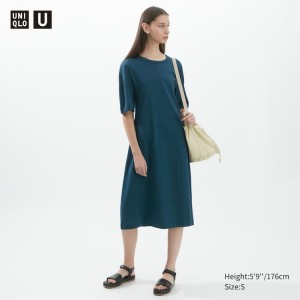 Vestido Uniqlo U Airism Algodon Corta Sleeved Mujer Azules | 6891QLBYH