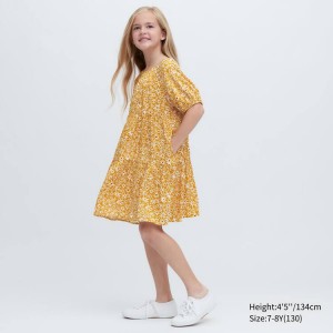 Vestido Uniqlo Viscose Flower Printed Corta Sleeved Niños Amarillo | 0926TCYIX