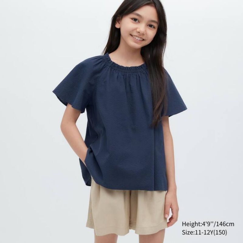 Blusa Uniqlo 100% Algodon Seersucker Corta Sleeved Niños Azul Marino | 5760KHRSW