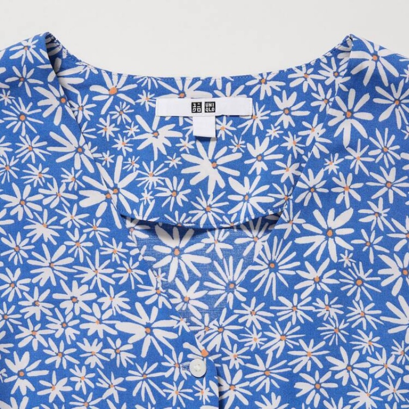 Blusa Uniqlo Printed V Neck Long Sleeved Mujer Azules | 4760THVOC