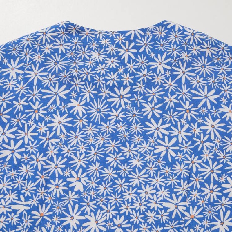 Blusa Uniqlo Printed V Neck Long Sleeved Mujer Azules | 4760THVOC