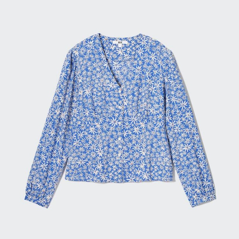 Blusa Uniqlo Printed V Neck Long Sleeved Mujer Azules | 4760THVOC